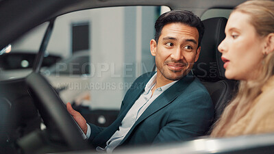 Buy stock photo Happy, dealership and salesman with woman in new car for purchase on transport with test drive of vehicle. Smile, evaluation and man with customer for decision on automotive shopping with choice.