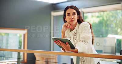 Buy stock photo Tablet, ideas and businesswoman in office with research for planning wedding with online vendors. Digital technology, thinking and female event coordinator with feedback from client in workplace.