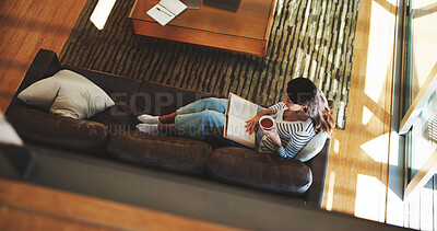 Buy stock photo Above, woman and reading book with tea at house for literature, fantasy novel and weekend break. Female person, relax and beverage with fiction story, information and knowledge of hobby entertainment