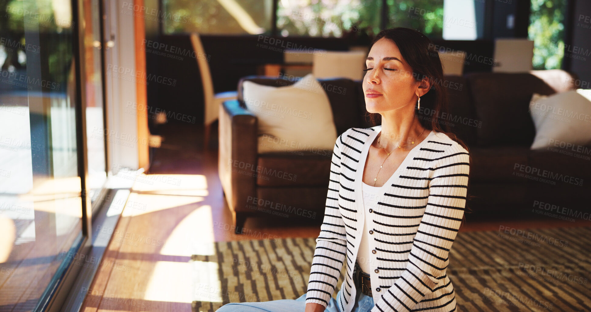 Buy stock photo Relax, breathing and woman in living room in home with meditation, calm or peaceful morning. Mindfulness, spiritual and female person with on floor in lounge for wellness, health or zen in house.