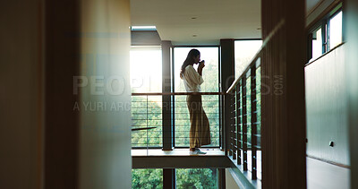 Buy stock photo Break, business and coffee with woman in office for professional career as journalist or publisher. Balcony, glass window and relax with employee drinking caffeine beverage in agency workplace