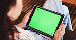 Green screen, sofa and woman in home on tablet for research, browse website and internet. Mockup space, living room and above of person on digital tech for email, contact and communication in house