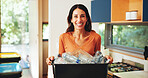 Portrait, recycling and smile with woman in kitchen of home for sustainability or zero waste. Ecology, environment and plastic bottles in container with happy mature person at apartment for activism