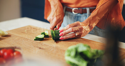 Buy stock photo Cooking, woman and hands cut vegetables in kitchen for healthy salad, organic recipe and nutrition. Closeup, person and cucumber ingredients for meal preparation, lunch cuisine and vegan food in home