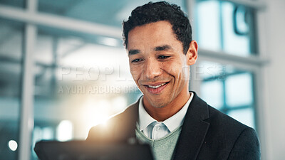 Buy stock photo Research, business man and tablet in office for reading email or insurance update for policy. Digital technology, online and happy employee on app for coverage, risk management and review claims