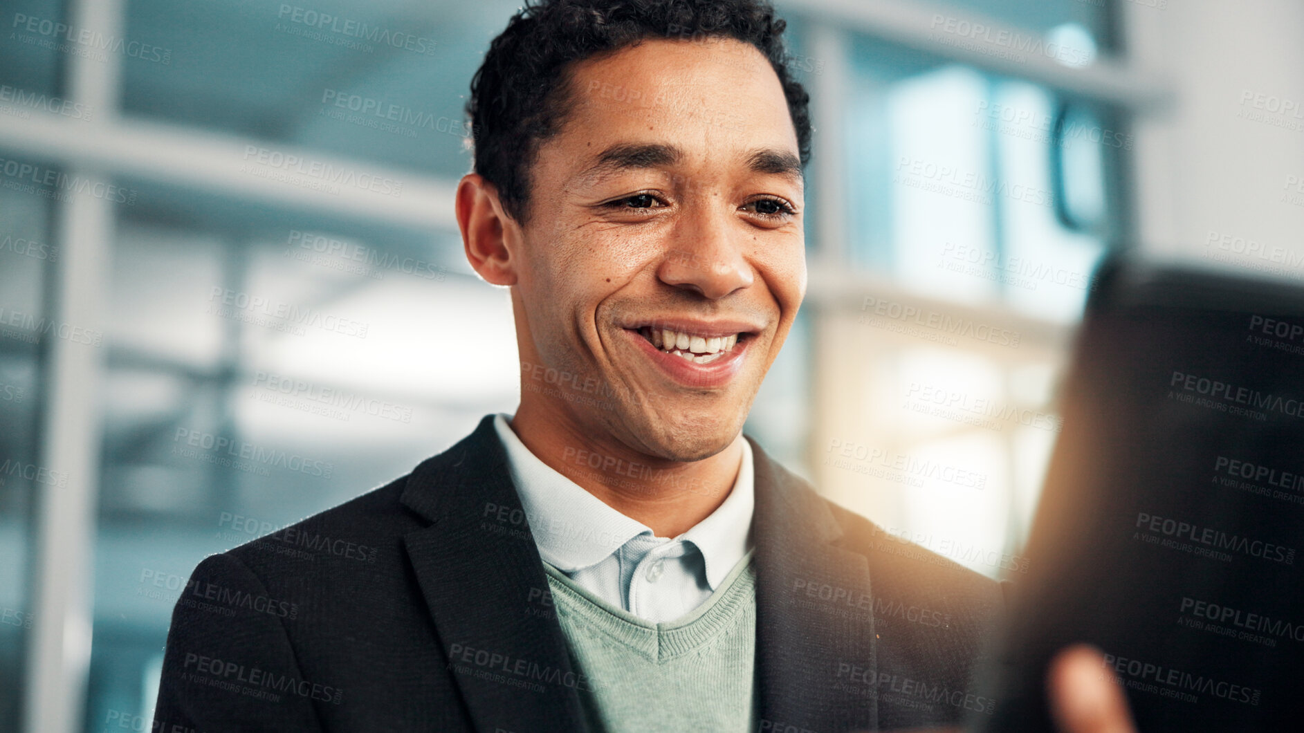 Buy stock photo Smile, business man and tablet in office for reading email, research or insurance update for policy. Digital technology, online and employee on app for coverage, risk management and review claims