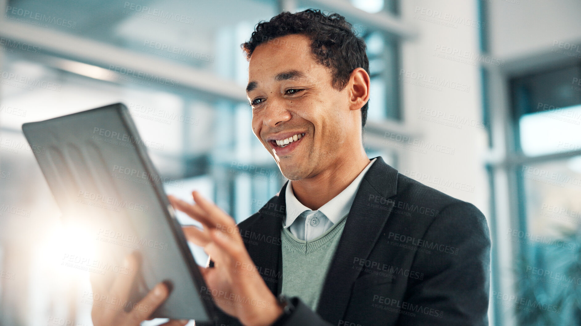 Buy stock photo Happy, business man and tablet in office for reading email, scroll and insurance update for policy. Digital technology, online and employee on app for coverage, risk management and review claims