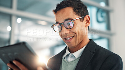 Buy stock photo Smile, businessman and tablet in office for reading email, research or insurance update for policy. Digital technology, online and employee on app for coverage, risk management and review claims