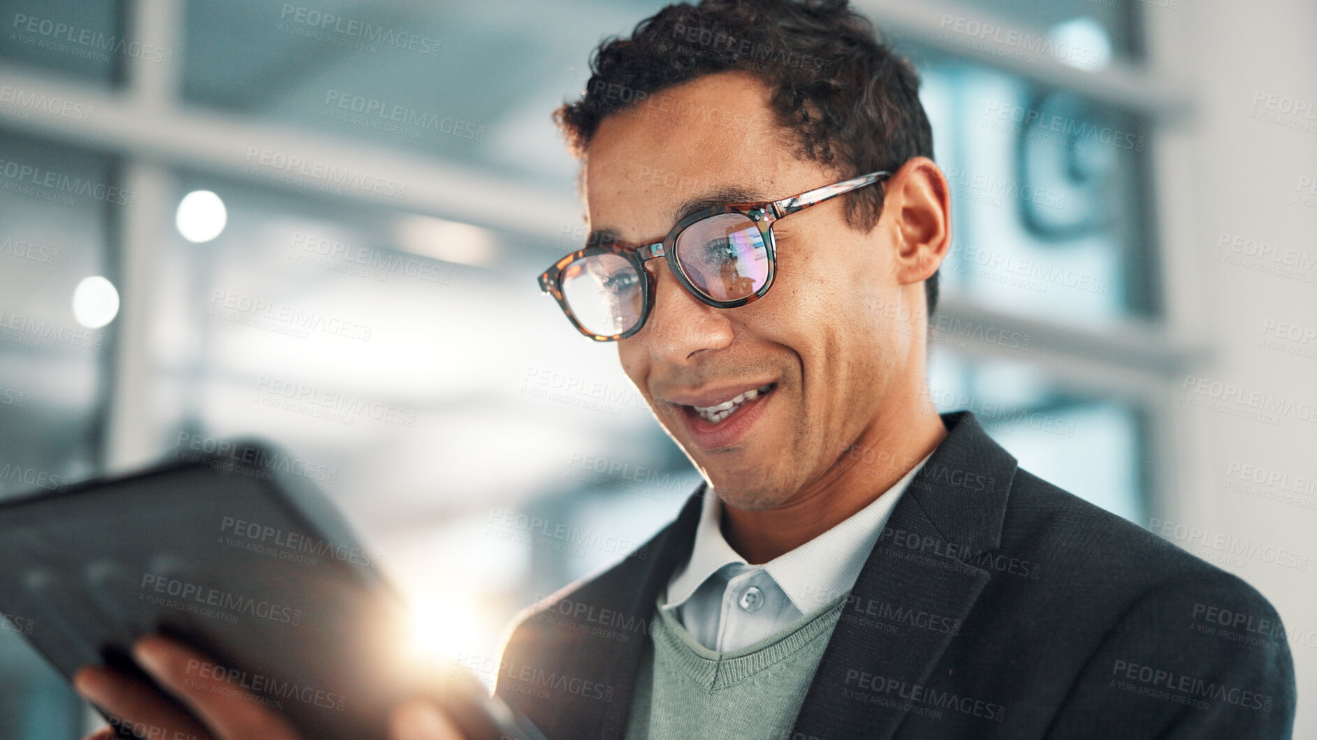 Buy stock photo Smile, businessman and tablet in office for reading email, research or insurance update for policy. Digital technology, online and employee on app for coverage, risk management and review claims