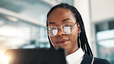 Buy stock photo Office, business and black woman with tablet for reading email, sales report and insurance policy premium. Digital technology, online and worker on app for coverage, risk management or review claims