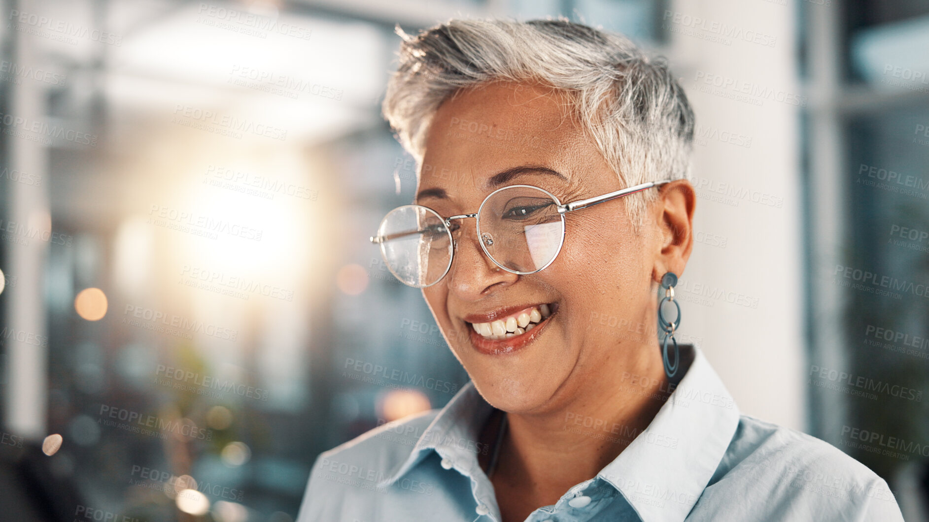 Buy stock photo Glasses, smile and tablet with business woman in office for administration, planning or research. App, finance and report with mature professional in corporate workplace for review of information