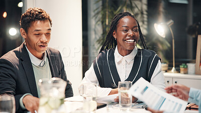 Buy stock photo Documents, office and business people in meeting for financial review, budget report and feedback. Corporate team, professional and workers with paperwork for collaboration, strategy and planning