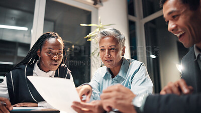 Buy stock photo Documents, proposal and business people in meeting for financial review, budget report and working late. Corporate office, night and workers with paperwork for collaboration, strategy and planning