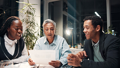 Buy stock photo Documents, night and business people in discussion for financial review, budget report and feedback. Corporate team, meeting and workers with paperwork for collaboration, strategy and planning