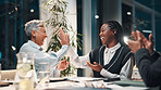 Meeting, high five and excited business people with success, and winning finance deal at night. Teamwork, cheers and women with financial seminar, celebration and achievement at funding workshop