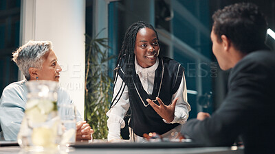 Buy stock photo Discussion, meeting and pitch with business people in office boardroom at night for planning. Collaboration, project management and report with employee team in workplace for late evening proposal