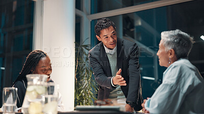 Buy stock photo Collaboration, meeting and proposal with business people in office boardroom at night for planning. Discussion, pitch and report with employee team in workplace for late evening project management