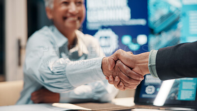 Buy stock photo Meeting, presentation and happy business people with success, winning and finance deal at night. Teamwork, contract and woman with financial seminar, collaboration and achievement at funding workshop