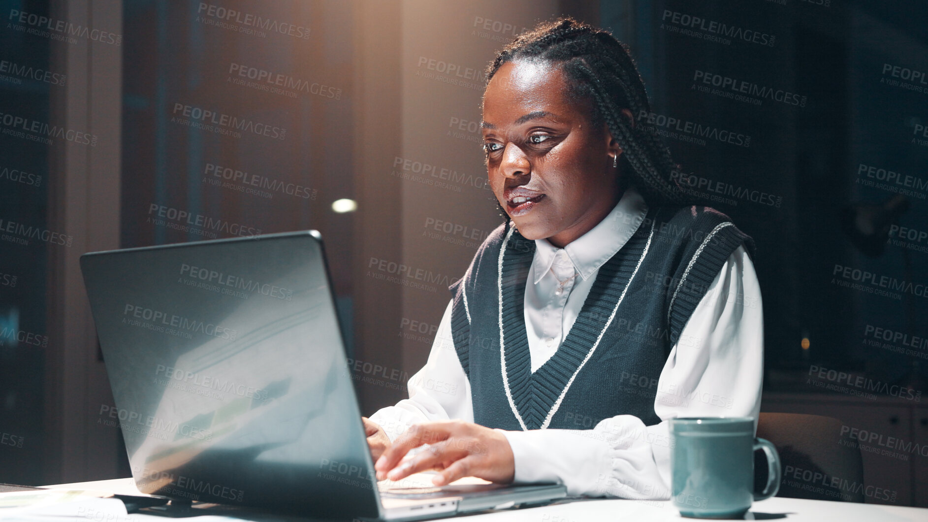 Buy stock photo Business, black woman and typing with laptop, night and project management deadline and strategy report in office. Professional, employee and happy for overtime with research and task commitment