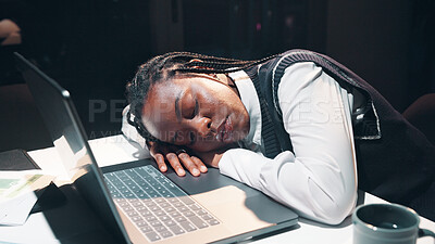 Buy stock photo Business, tired and black woman with sleeping on laptop in office with burnout, low energy and overtime trading. Trader, person and exhausted with stock market deadline, overworked and nap at night