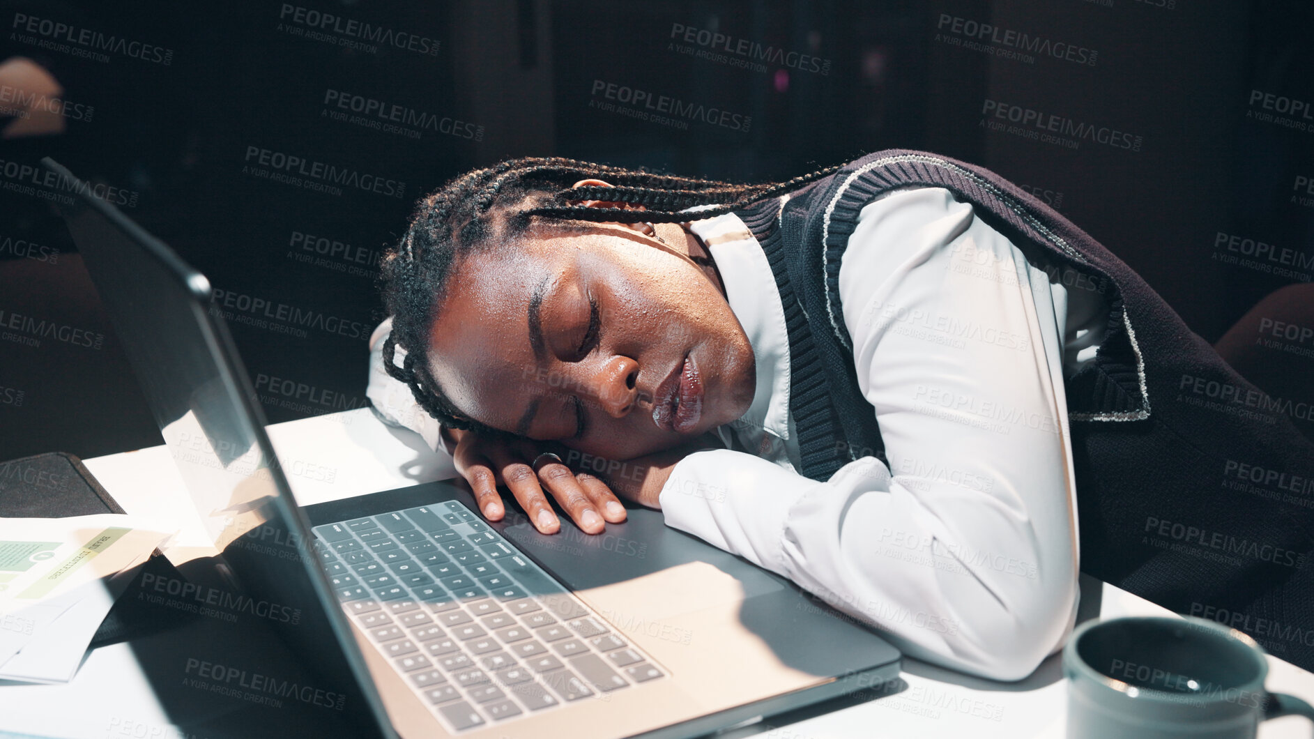 Buy stock photo Business, tired and black woman with sleeping on laptop in office with burnout, low energy and overtime trading. Trader, person and exhausted with stock market deadline, overworked and nap at night