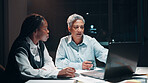 Business, women and meeting with laptop at night for planning, financial report and accounting deadline. People, team and online for finance budget, schedule update and information for working late