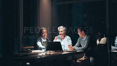 Buy stock photo Group, business and people with laptop at night for planning, financial report and accounting deadline. Team, office and brainstorming for finance budget, schedule update and information for overtime