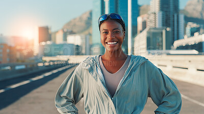 Buy stock photo Fitness, portrait and smile of black woman on bridge in city for cardio workout or marathon training. Exercise, happy and sports with African athlete or runner outdoor in urban town for challenge