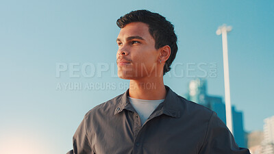 Buy stock photo Break, fitness and thinking with man in city for recovery from cardio training or running. Exercise, ideas and vision with athlete or runner outdoor in urban town for marathon, sports or workout