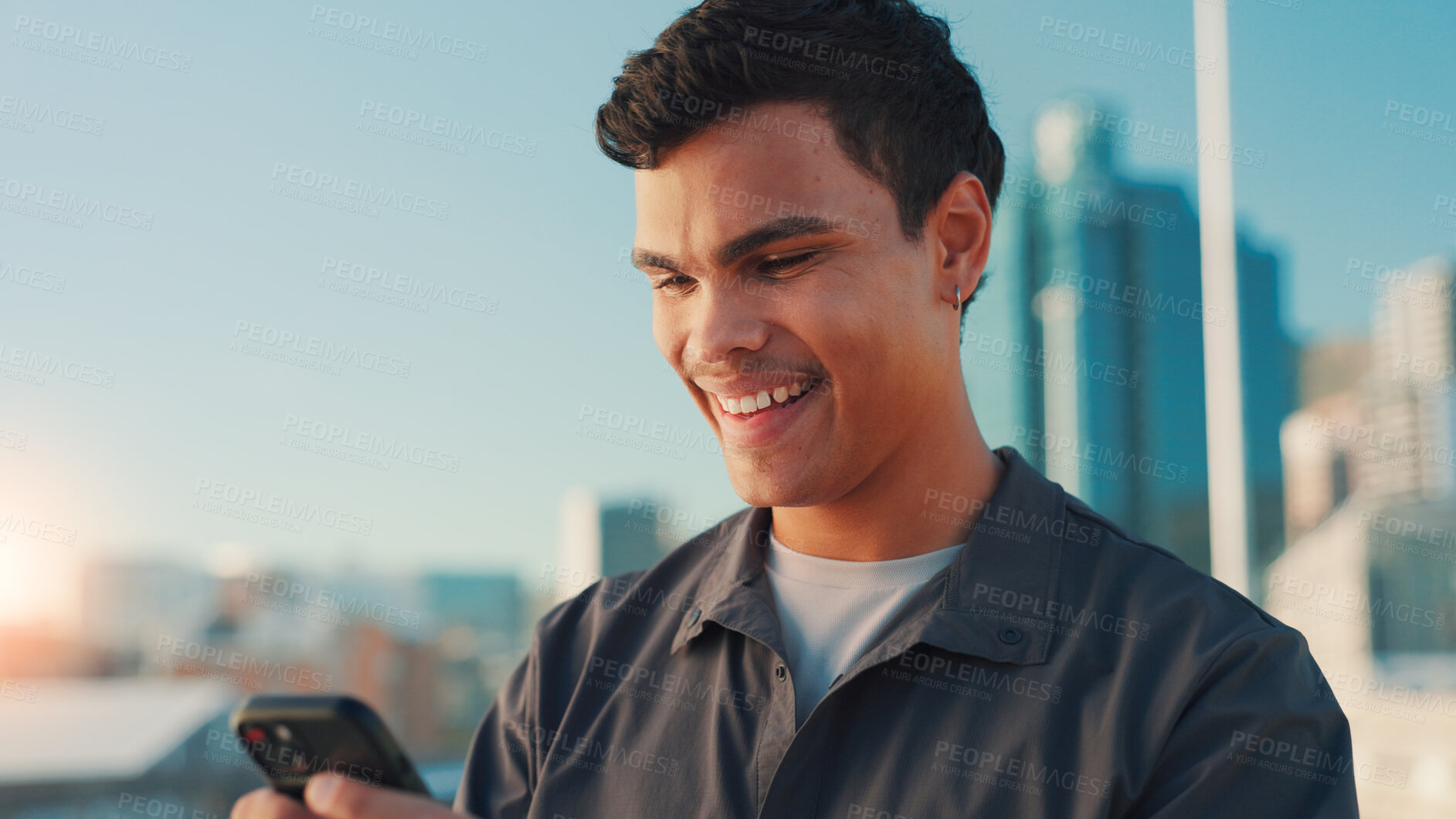 Buy stock photo Happy man, fitness or typing with phone in city for communication, social media or workout app. Active, male person or user with smile on mobile smartphone for exercise results or performance in town