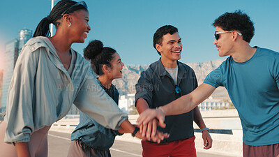 Buy stock photo Happy people, fitness or huddle with hands together for workout, exercise or mission in city street. Active, group or friends piling with smile or stack in unity or solidarity for health and wellness