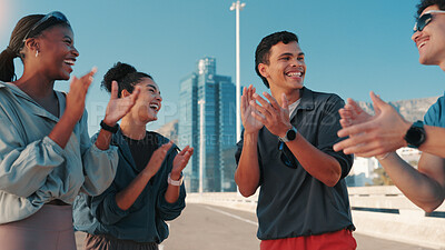 Buy stock photo Happy people, fitness and huddle with applause in city for workout goals, motivation or success. Active, group or friends clapping with smile for teamwork, exercise or achievement in an urban town