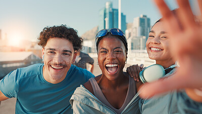Buy stock photo Happy people, portrait or fitness with selfie in city for picture, photography or memory together. Active, friends or group with smile in joy for capture moment, social media or post in an urban town
