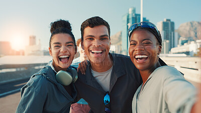 Buy stock photo Happy group, portrait or fitness with selfie in city for picture, photography or memory together. Active, people or friends with smile in POV for capture moment, social media or post in urban town