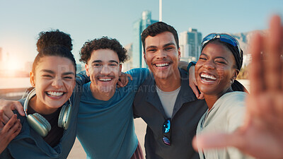 Buy stock photo Happy people, portrait or fitness with selfie for picture, photography or memory together in city. Active, group or friends with smile in joy for capture moment, social media or post in an urban town