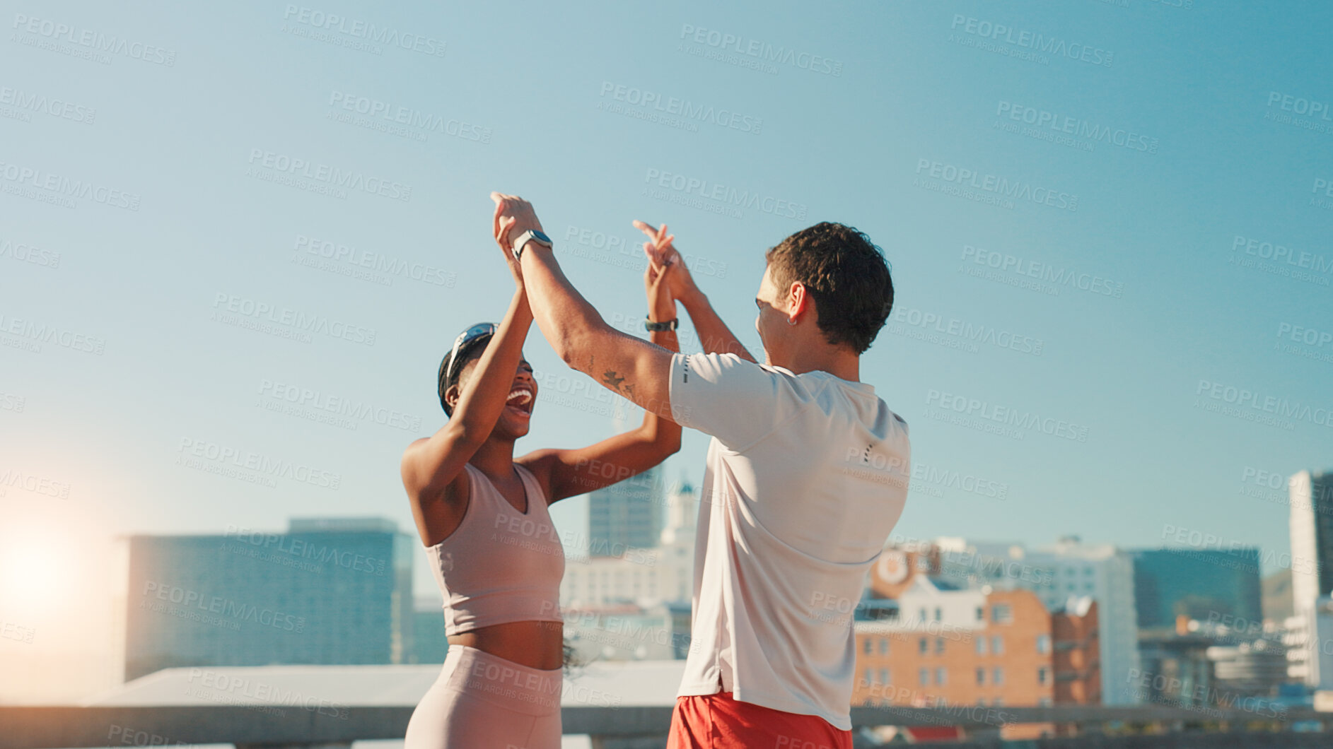Buy stock photo Fitness, couple and high five celebration in city for marathon success, workout teamwork or achievement. Mockup, interracial people and happy outdoor for cardio challenge, running exercise or support