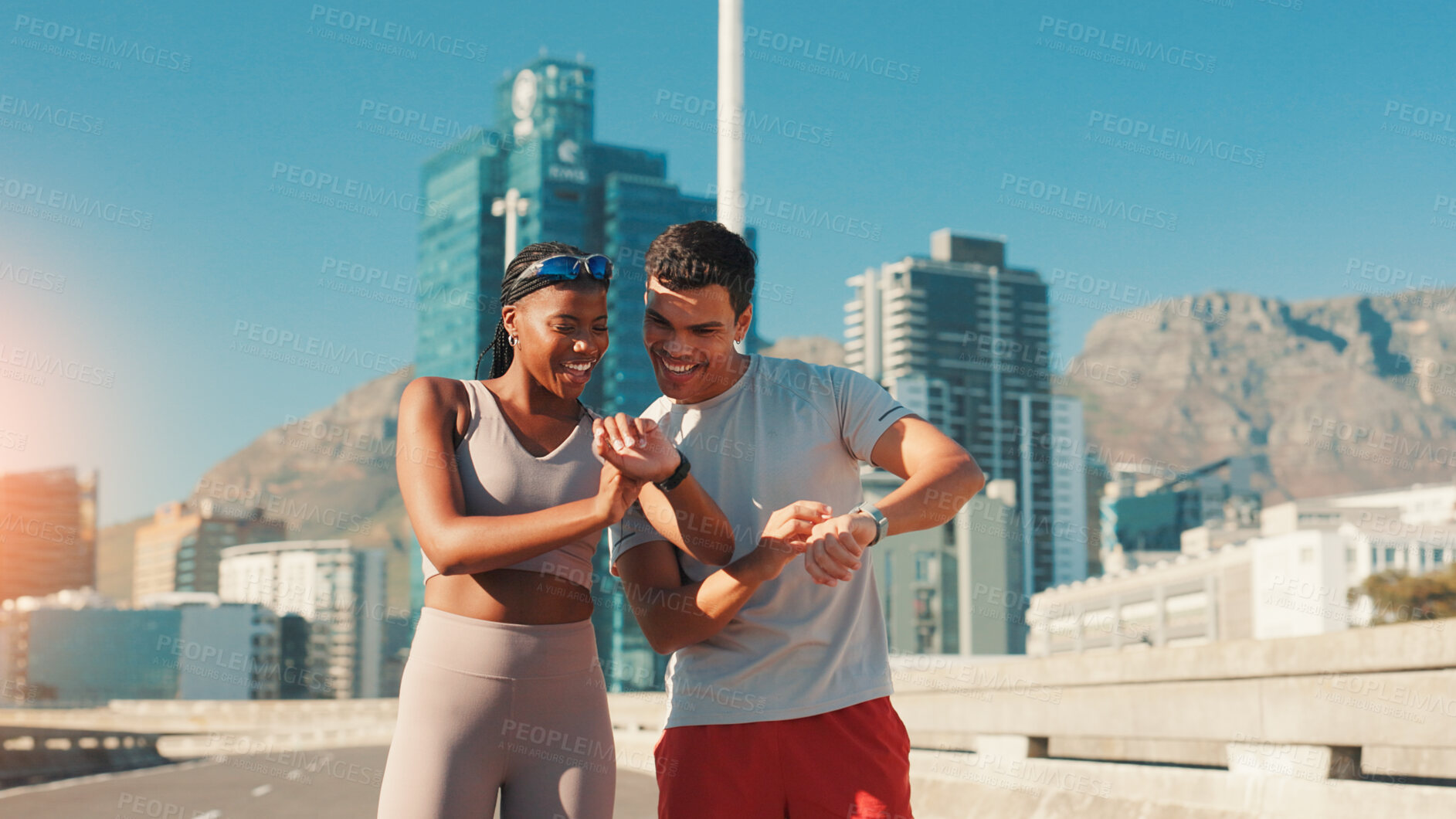Buy stock photo Happy team, fitness and checking watch with tracker app for workout results or performance in city. Man, woman or runners with smile or wristwatch for health, calories or exercise goals in urban town