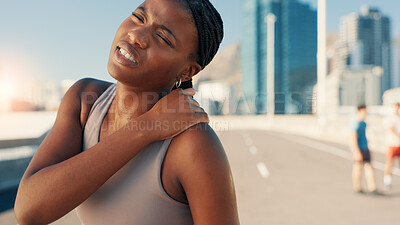Buy stock photo Woman, fitness or shoulder pain with injury in city street for muscle tension, sprain or pressure. Active, female person or runner with sore arm or neck ache for medical emergency, accident or bruise