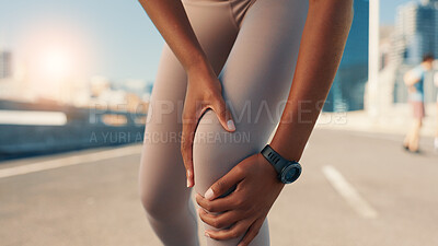 Buy stock photo Person, fitness and knee injury with pain in city street for muscle tension, sprain or pressure. Closeup, athlete or runner with sore leg or ache for medical emergency, accident or bruise in town