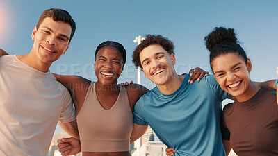 Buy stock photo Happy people, portrait and fitness with team in city for workout, exercise or health and wellness. Active, group or friends with smile in huddle or hug for unity, solidarity or training together