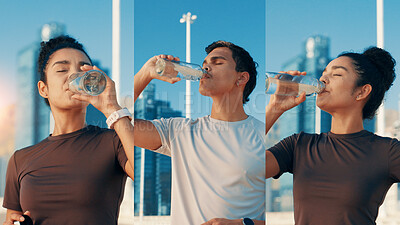 Buy stock photo People, fitness and drinking water with collage in city for natural sustainability, recovery or rest. Man, woman or runners with mineral liquid or aqua bottle in series for thirst, break or hydration