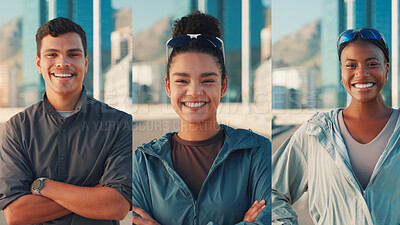 Buy stock photo Collage, portrait and smile of sports people in city for exercise, fitness or training routine. Diversity, running and workout with happy athletes outdoor in urban town for cardio or marathon