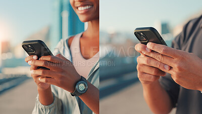 Buy stock photo People, fitness and phone in collage for workout app, communication or tracking performance in city street. Closeup, hands or runners with mobile smartphone or montage for health and wellness in town