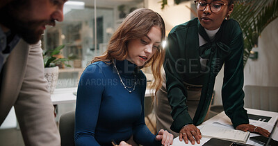 Buy stock photo Business people, group and talking in office for meeting, planning or journalist brainstorming at night. Team, discussion and collaboration with manager for news, review and creative ideas on laptop