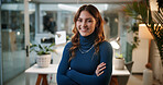 Crossed arms, night and portrait of woman in office with confidence for creative career. Smile, professional and face of female magazine editor with pride and happiness for journalism in workplace.