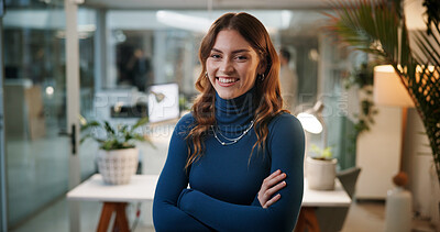 Buy stock photo Crossed arms, night and portrait of woman in office with confidence for creative career. Smile, professional and face of female magazine editor with pride and happiness for journalism in workplace.