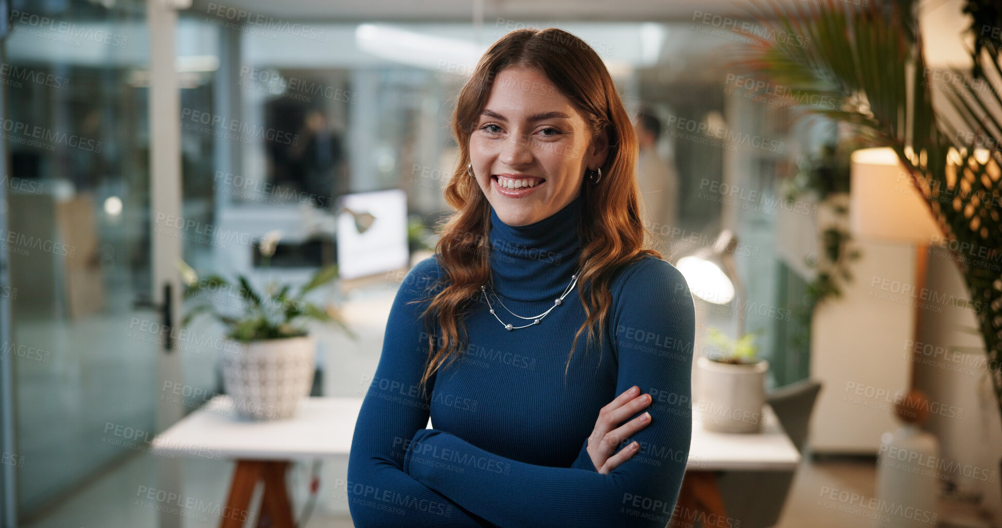 Buy stock photo Crossed arms, night and portrait of woman in office with confidence for creative career. Smile, professional and face of female magazine editor with pride and happiness for journalism in workplace.