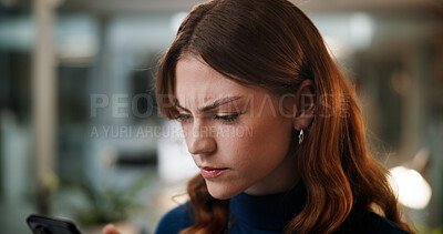 Buy stock photo Night, woman and confused with phone for business, incorrect password and spam notification in office. Employee, overtime and mobile in workplace with network error, missed email or reading fake news