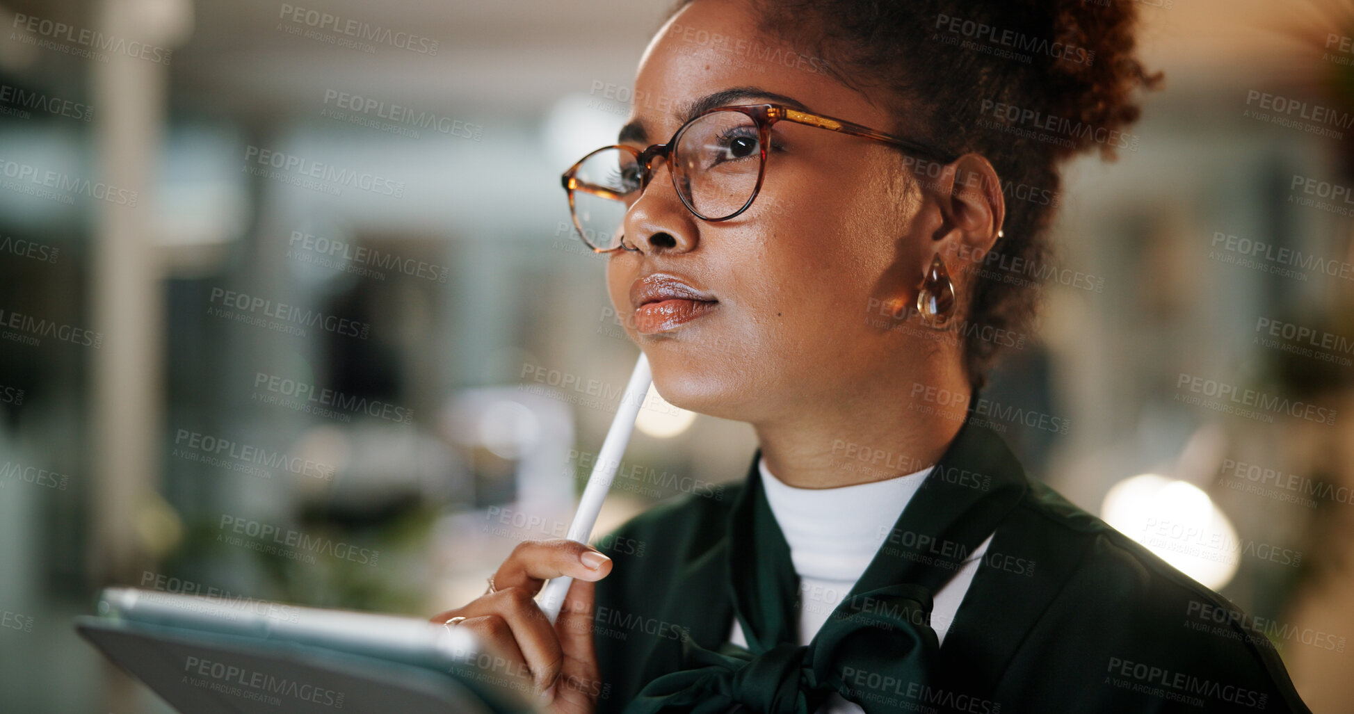 Buy stock photo Thinking, business or black woman in office with tablet for accounting, economy or finance in night. Problem solving, ideas or financial advisor with news for solution, research or investment update 