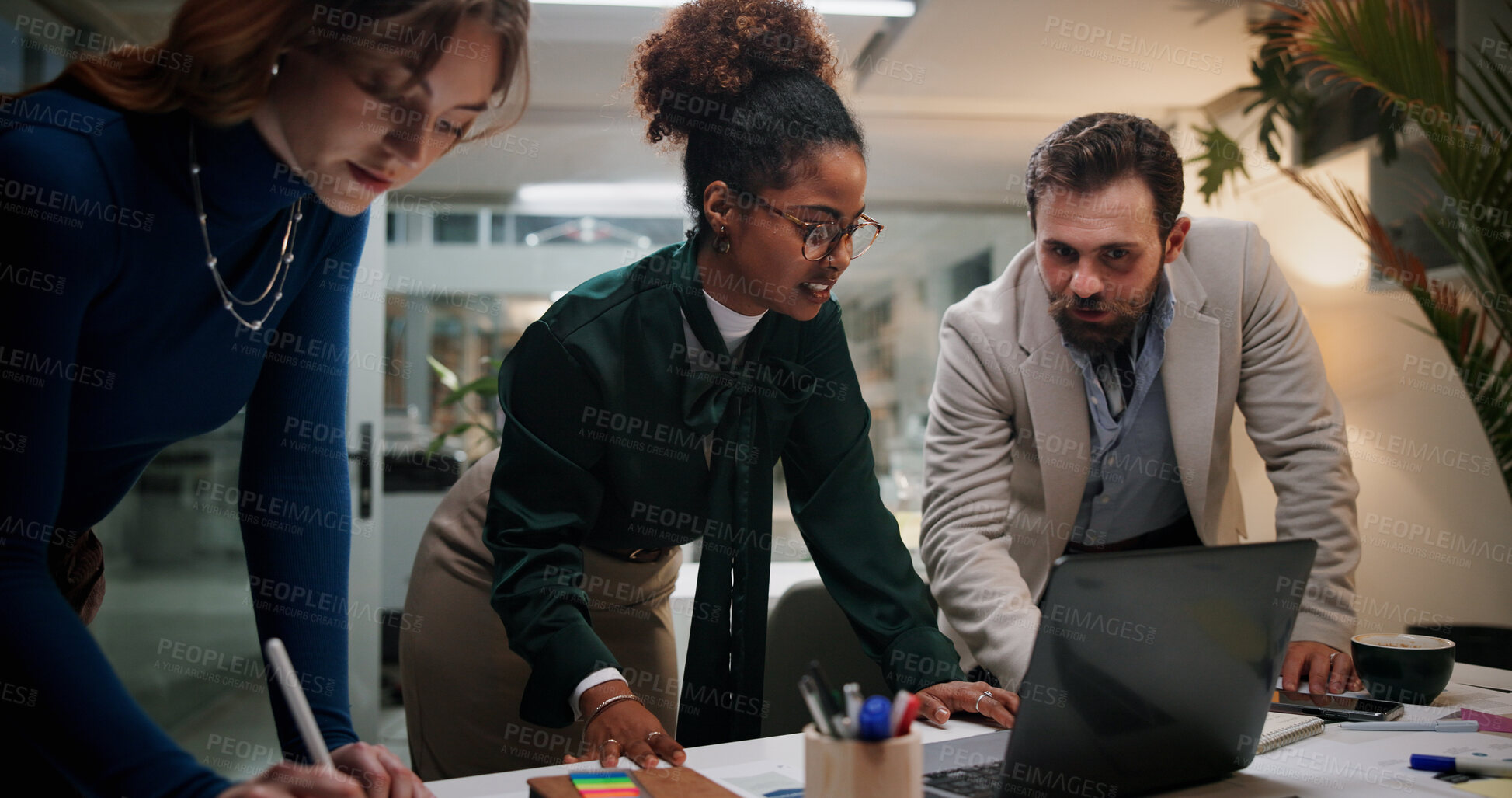 Buy stock photo Laptop, project and business people planning for teamwork, collaboration and investment. Manager, accounting or financial advisor talking in office for meeting, account budget and risk management